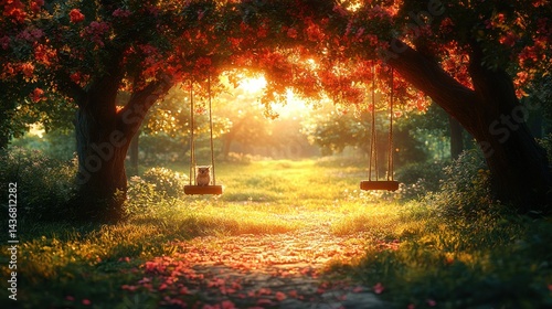Fototapeta Naklejka Na Ścianę i Meble -  Magical swing set in a blossoming garden at sunrise
