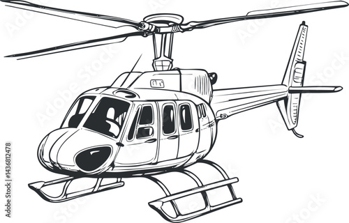 Black and white sketch of a helicopter showing detailed rotor blades and cockpit windows