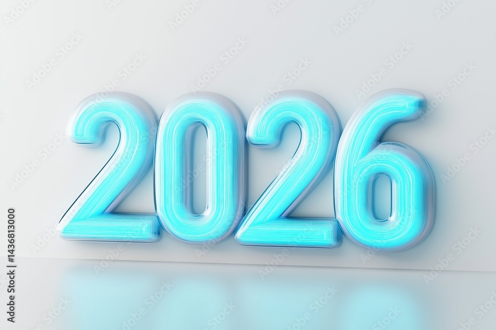 Neon glowing render of the year 2026 displayed on a minimalistic background Neon glowing render of the year 2026 displayed on a minimalistic background
