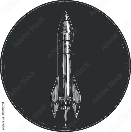Black and white vintage style illustration of a rocket ship in a circular frame representing space exploration and technology