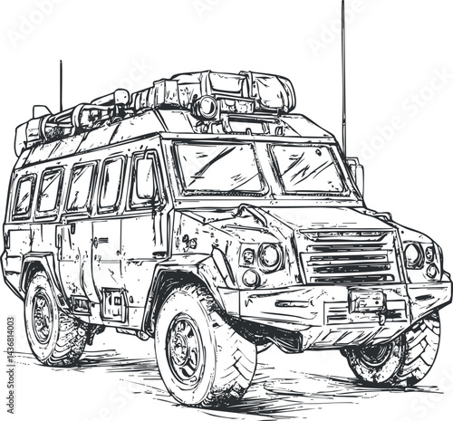 Black and white sketch of a military armored vehicle designed for offroad troop transport and combat protection