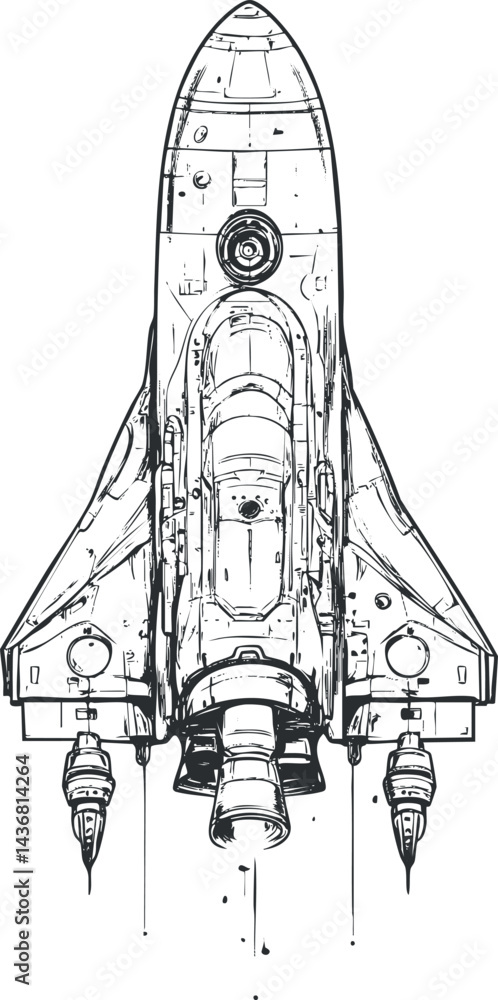 Fototapeta premium Detailed black and white illustration of a space shuttle rocket viewed from above ready for launch