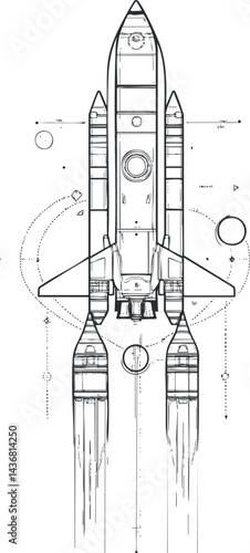 Technical black and white blueprint illustration of a space shuttle rocket viewed from above with detailed design and engine exhaust trails