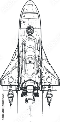 Detailed black and white illustration of a space shuttle rocket viewed from above ready for launch