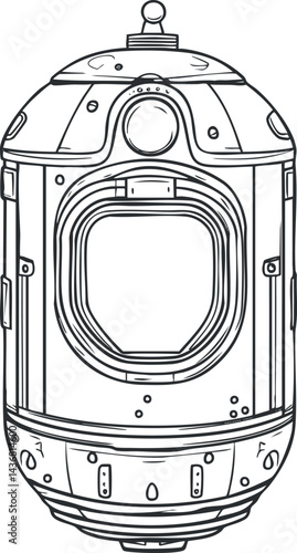 Black and white line drawing of a futuristic robot or droid with mechanical and digital features