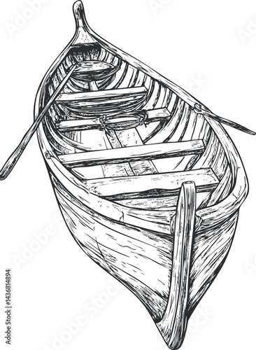 Hand-drawn detailed sketch of an old wooden rowboat with oars, empty and ready for use on water