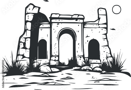 Black and white illustration of ancient stone ruins with arches in a desert landscape under the sun