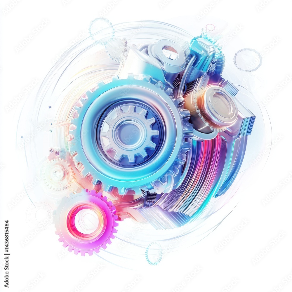 Abstract composition of colorful gears and mechanical elements, showcasing innovation and creativity. Abstract composition of colorful gears and mechanical elements, showcasing innovation and creativity.