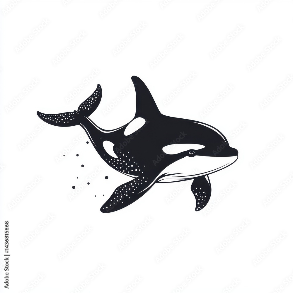 Fototapeta premium A graceful black and white illustration of an orca swimming through the water, showcasing its elegance.