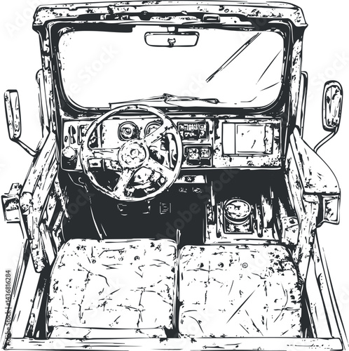 Black and white sketch illustration of classic car interior with steering wheel and dashboard controls