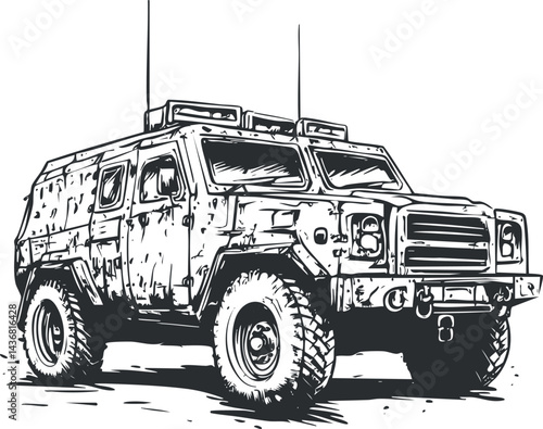 Black and white sketch of a military armored vehicle designed for offroad transport and combat