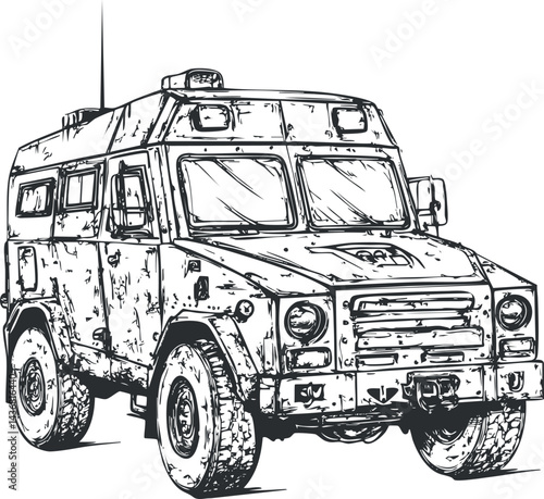 Hand drawn sketch of a military armored vehicle used for defense and tactical transport purposes