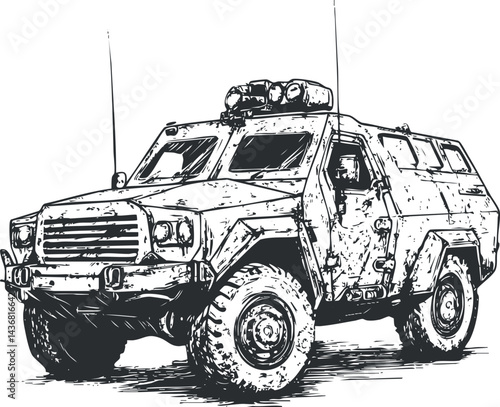 Black and white sketch of a military armored vehicle designed for offroad combat and protection