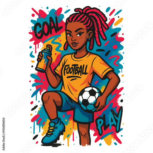 Graffiti style vector illustration of a confident girl with pink dreadlocks holding spray can. She stands with a soccer ball and wears bright urban clothes. Colorful paint splashes. Isolated on white.