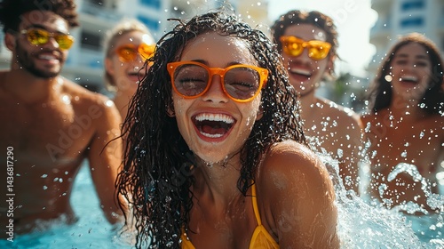 A joyful young woman of Hispanic descent laughs in a pool, surrounded by friends, all wearing bright sunglasses on a sunny day.