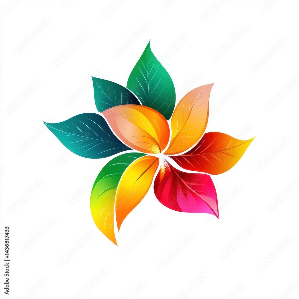 Colorful abstract flower design with vibrant petals and lush green leaves against a clean white background. Colorful abstract flower design with vibrant petals and lush green leaves against a clean white background.