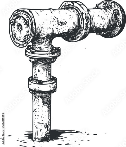 Hand drawn illustration of an old metal pipe with flanges and connectors for industrial plumbing and mechanical systems