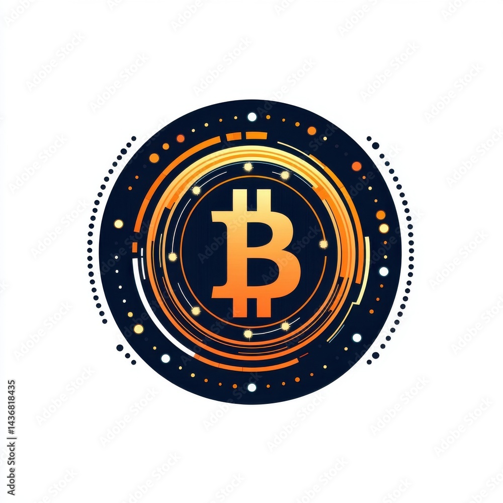 Vibrant Bitcoin symbol in a circular design with glowing accents, representing digital currency and innovation.