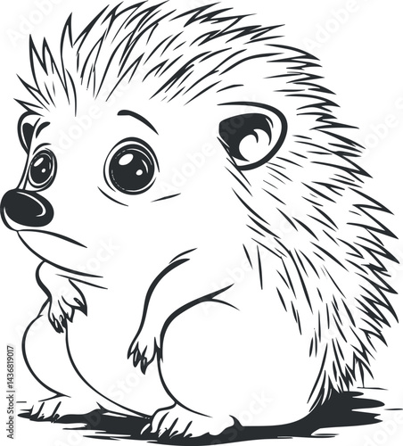 Black and white cartoon illustration of a cute sitting hedgehog with large eyes and spiky fur