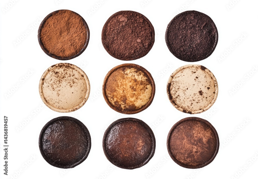 Nine round dishes with various cocoa powders and mixtures.  Different shades of brown and beige, showcasing different stages of preparation