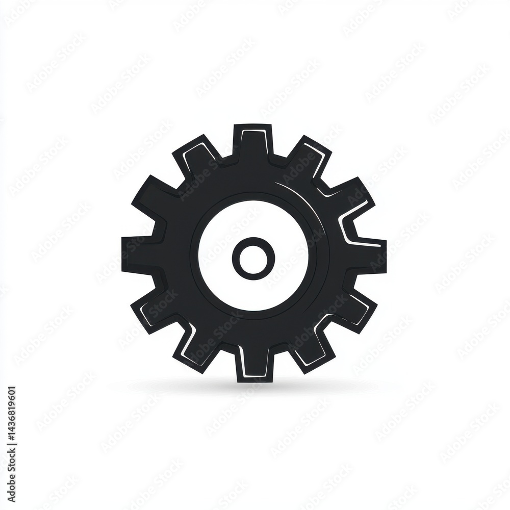 Black gear icon symbolizing industry and mechanics on a clean white background. Black gear icon symbolizing industry and mechanics on a clean white background.