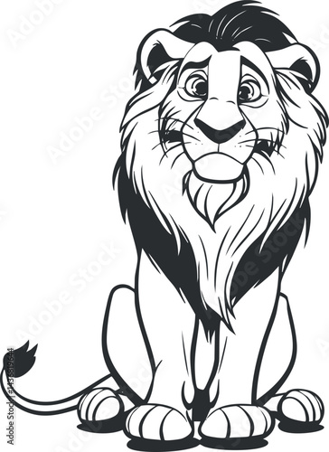 Black and white cartoon illustration of a friendly lion sitting and smiling with a detailed mane.