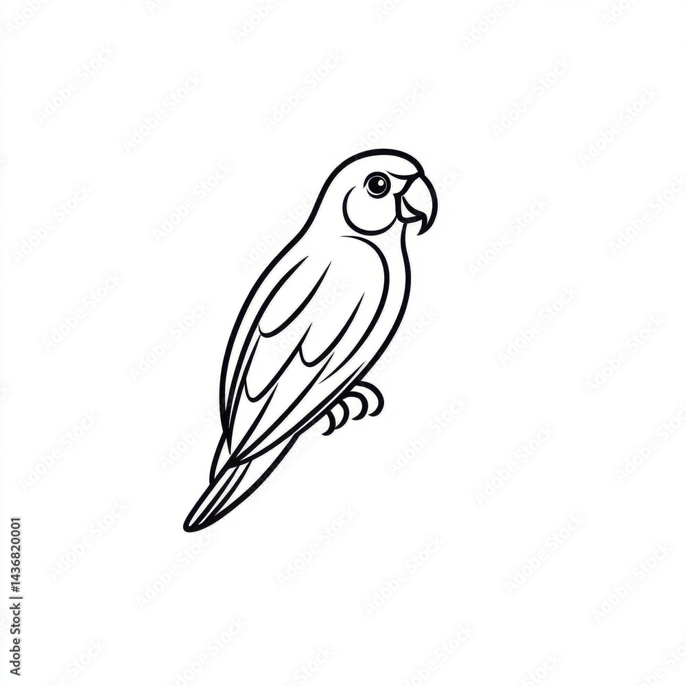 A simple line drawing of a parrot perched gracefully, showcasing its elegant features.