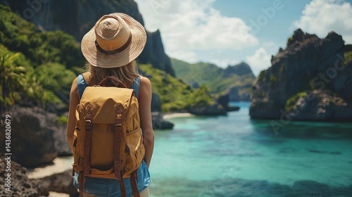 A young woman with a sun hat and backpack gazes at a stunning tropical landscape featuring turquoise waters and rocky cliffs.