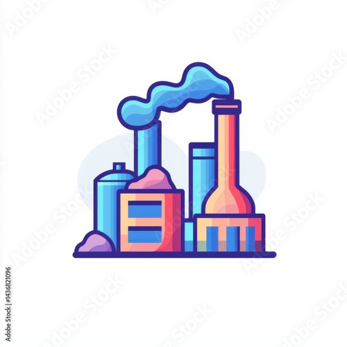 Colorful industrial factory illustration with smoke and buildings in a clean design style.
