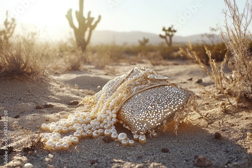Golden purse and pearl necklace rest on desert sand, bathed in warm sunlight.