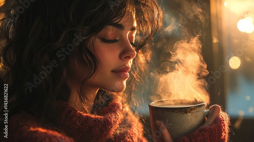 A young woman with freckled skin enjoys a warm drink, basking in the golden glow of a sunset.