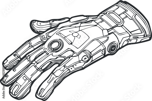 Detailed black and white illustration of a futuristic robotic hand with mechanical components and cybernetic design