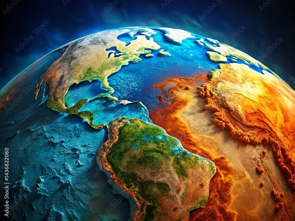 Fototapeta premium Abstract World Map Topography, Earth Geography, Global Elevation, Terrain Relief, Conceptual Landscape
