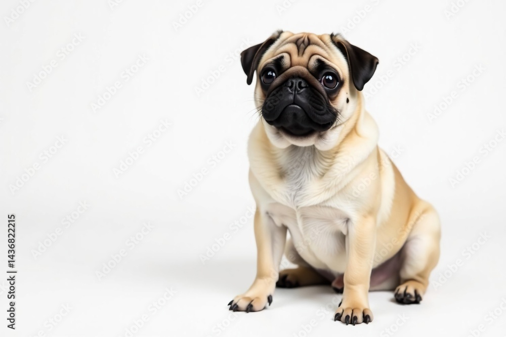 Obraz premium Adorable pug dog sits against white background, adorable, view