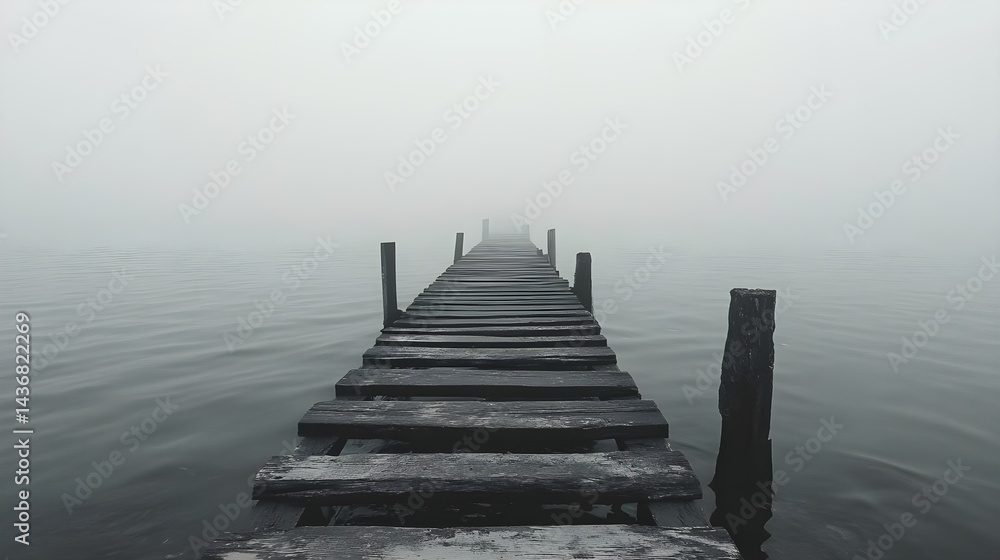 Fototapeta premium Foggy Bridge Extending into Mysterious Ether Over Calm Water