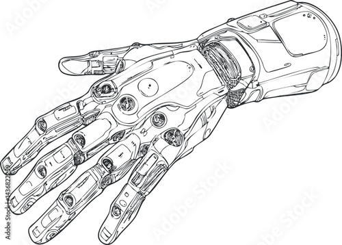 Detailed line drawing of a futuristic robotic hand with intricate mechanical and electronic components
