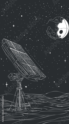 Black and white illustration of a satellite with solar panels on a tripod observing the starry night sky and moon