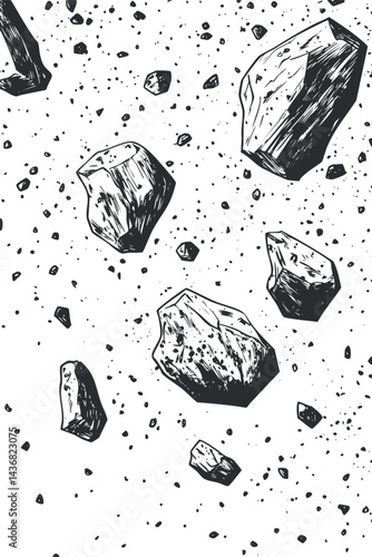 Black and white hand drawn illustration of scattered rocks and stones with rough texture