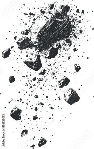 Black and white illustration of an asteroid breaking apart with scattered space debris and rocks