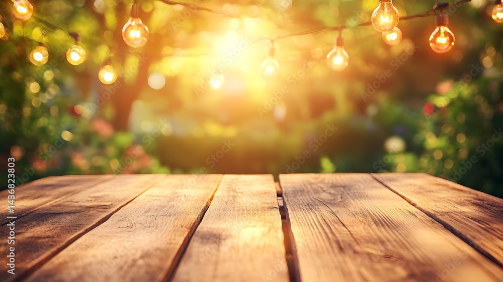 Beautiful Wooden Table with Sunlight and Garden Background Beautiful Wooden Table with Sunlight and Garden Background