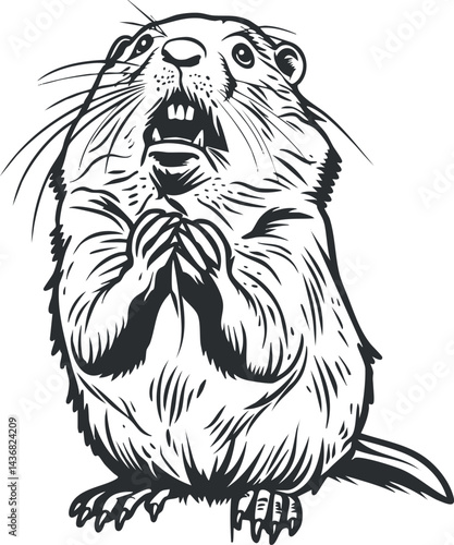 Black and white line art illustration of a surprised rodent with whiskers and claws praying