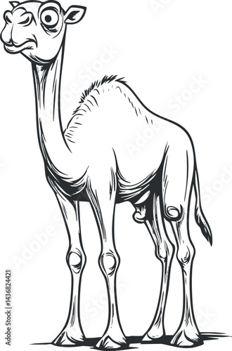 Black and white cartoon illustration of a standing camel with one hump and detailed features