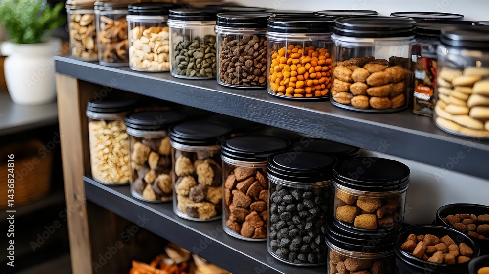 A detailed shot of various snacks in jars, perfectly arranged on shelves in a cozy setting. A detailed shot of various snacks in jars, perfectly arranged on shelves in a cozy setting.