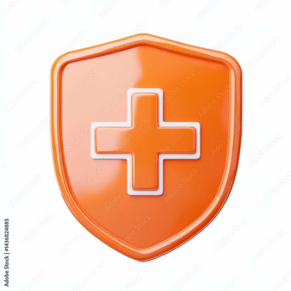 Fototapeta premium An orange shield with a white medical cross, symbolizing health and protection.