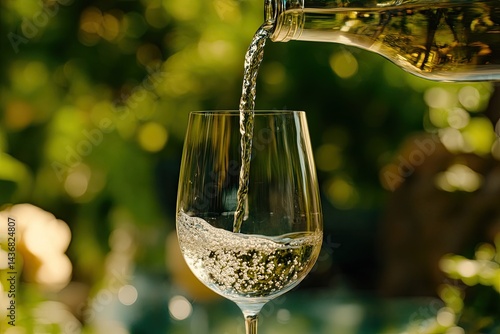White wine pouring into glass, outdoors photo