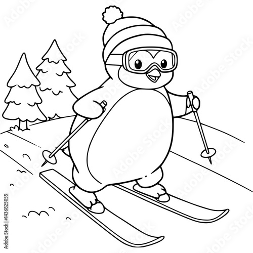 cartoon of penguin doing snow ski sport. coloring pages for kids