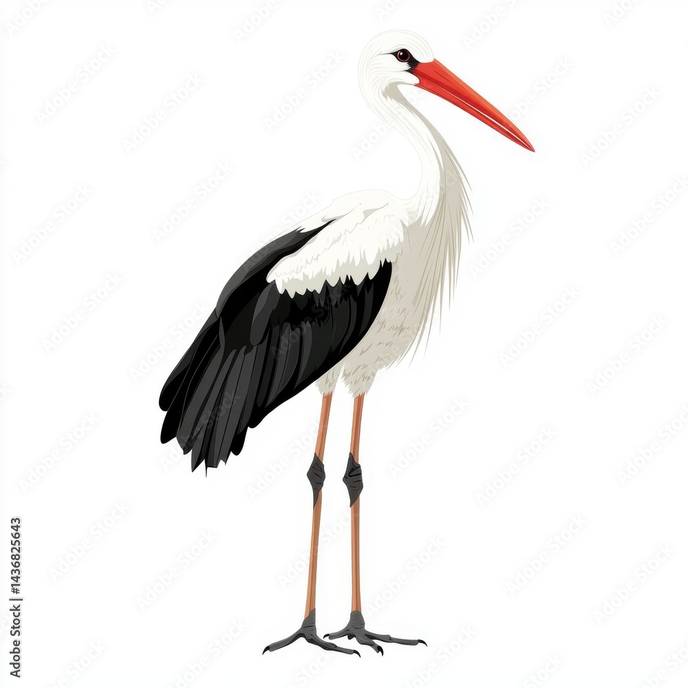 A detailed illustration of a stork with striking red beak and black-and-white plumage. A detailed illustration of a stork with striking red beak and black-and-white plumage.