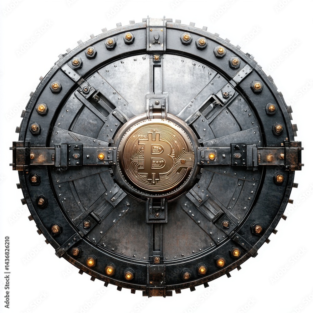 Fototapeta premium A metallic shield featuring a prominent Bitcoin symbol, evoking strength and security in the digital finance realm.