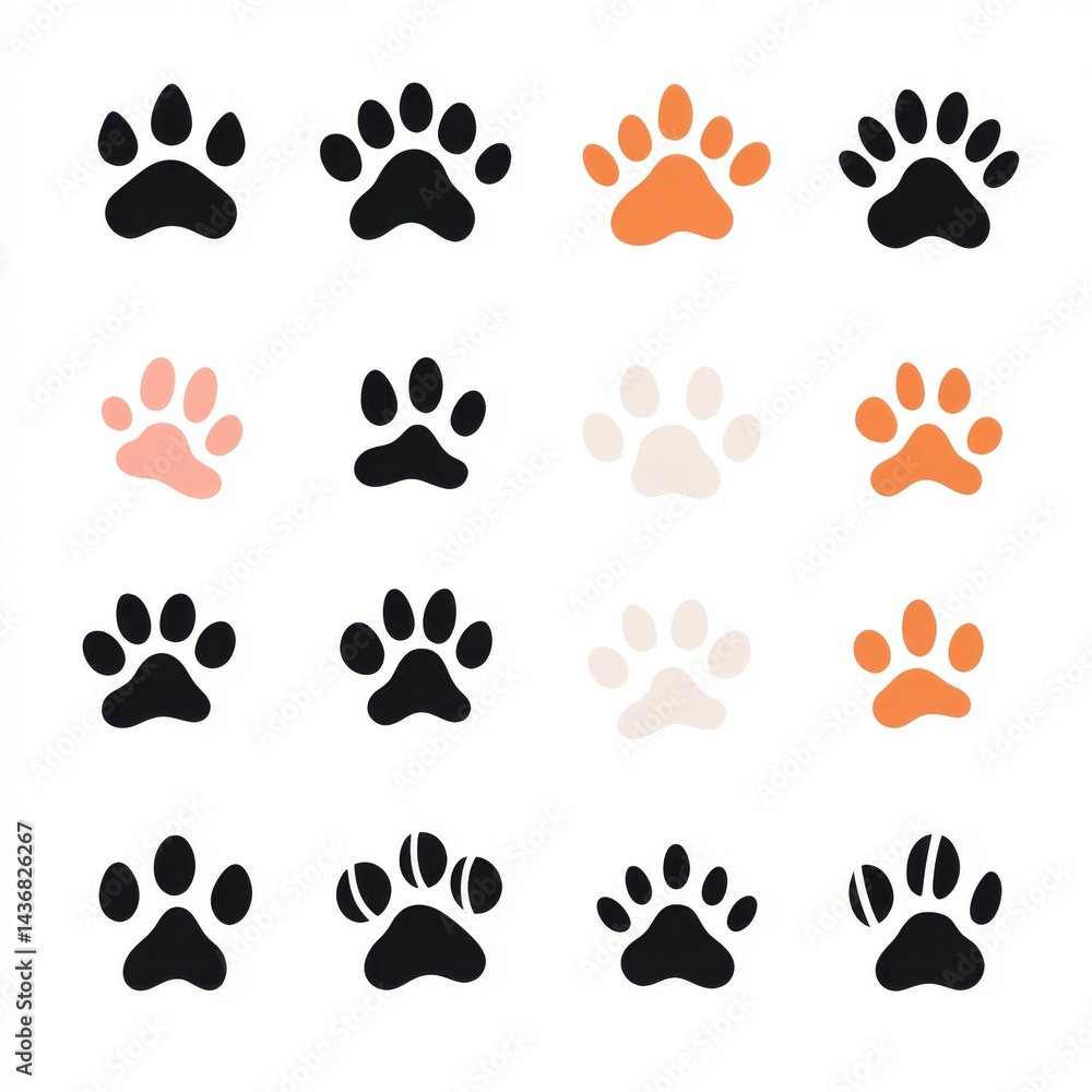 Fototapeta premium Colorful paw prints in various designs on a white background, creating a playful and cheerful pattern.