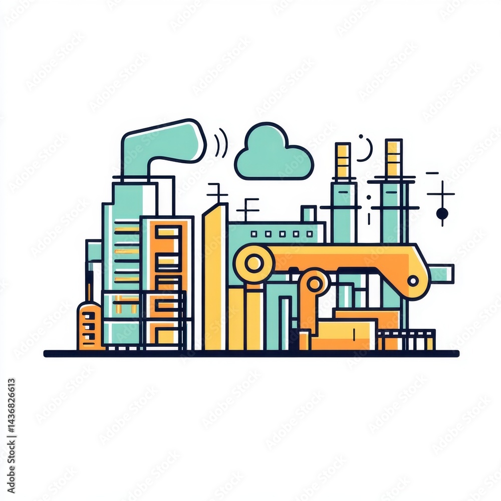 Obraz premium A colorful illustration of an industrial factory featuring smokestacks and robotic arms.